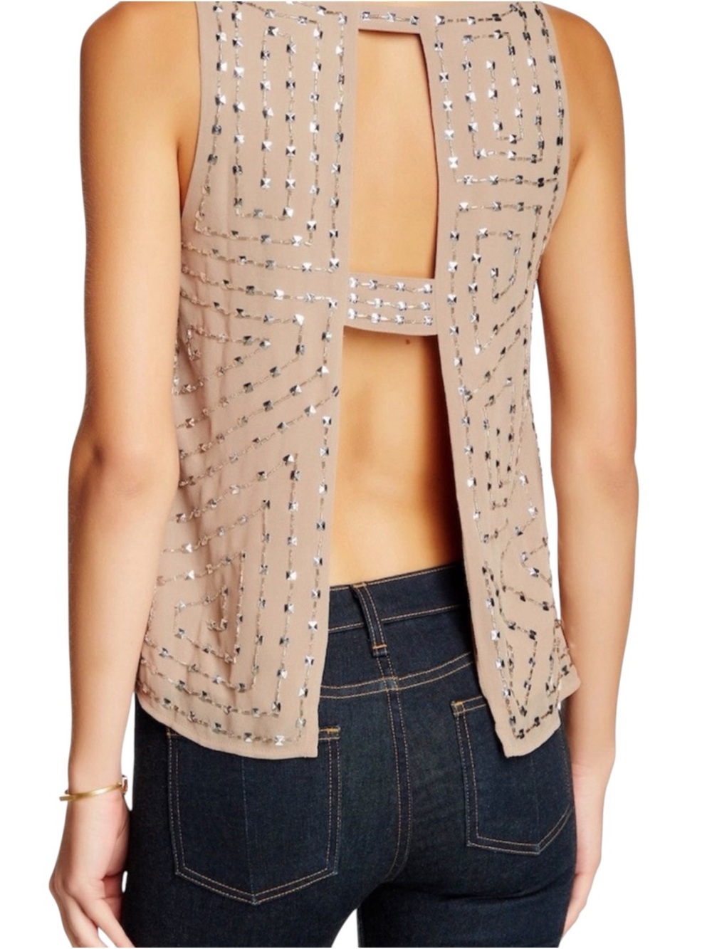 Walter Baker Womens Beaded Open Back Blouse Beige Large Missing Beads Party
